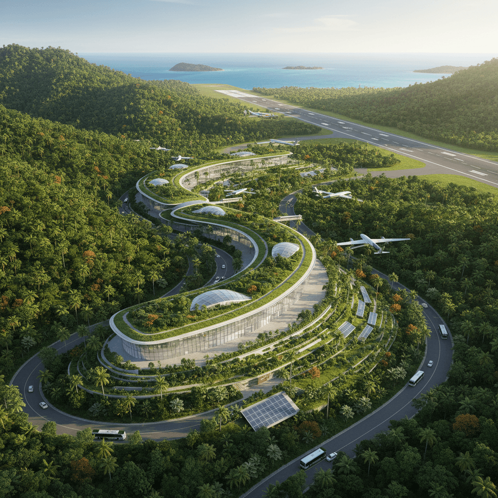 Conceptual sustainable airport in Dominica's landscape